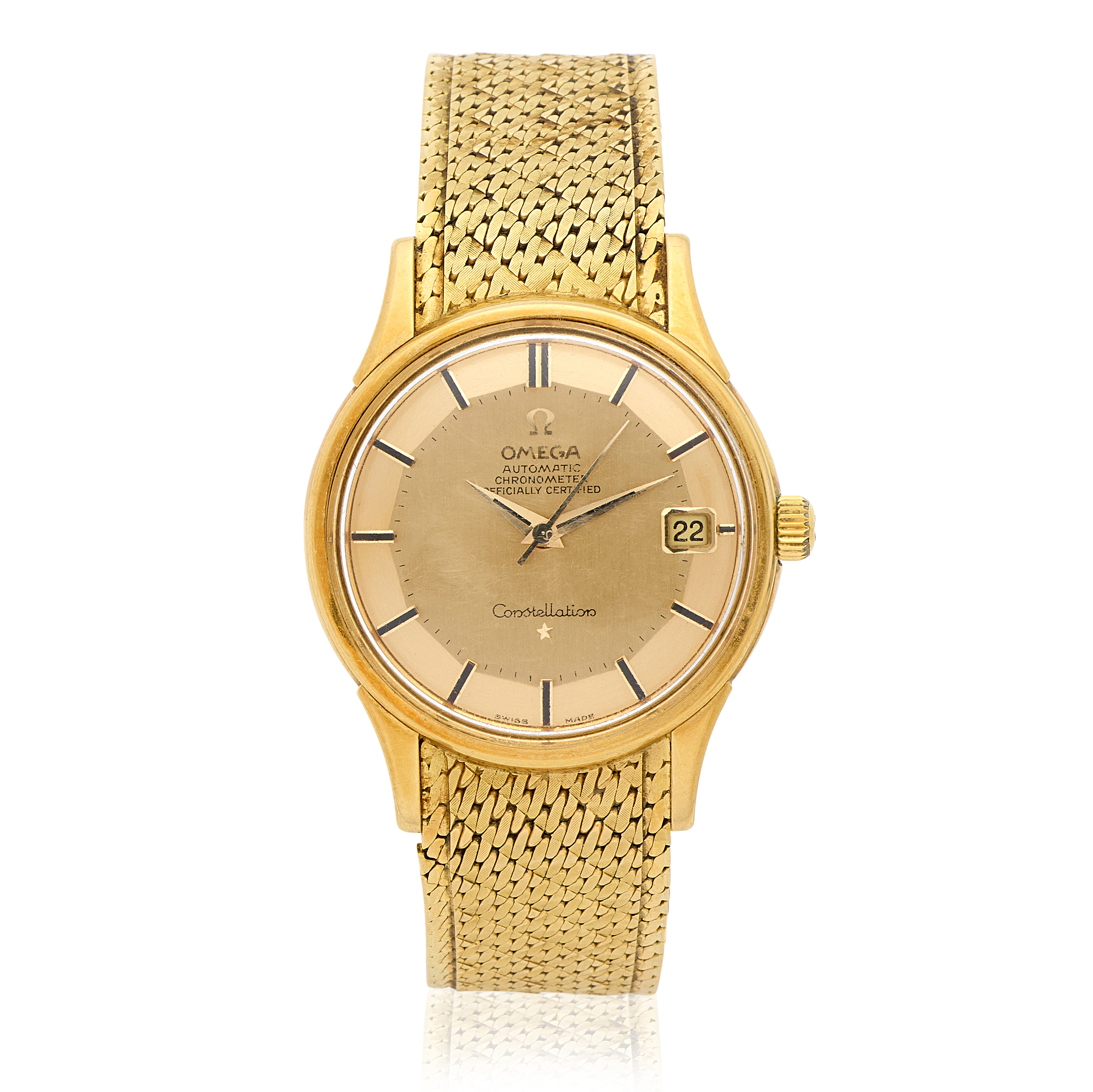 Omega. An 18K gold automatic calendar bracelet watch with pie-pan dial Constellation, Circa 1965