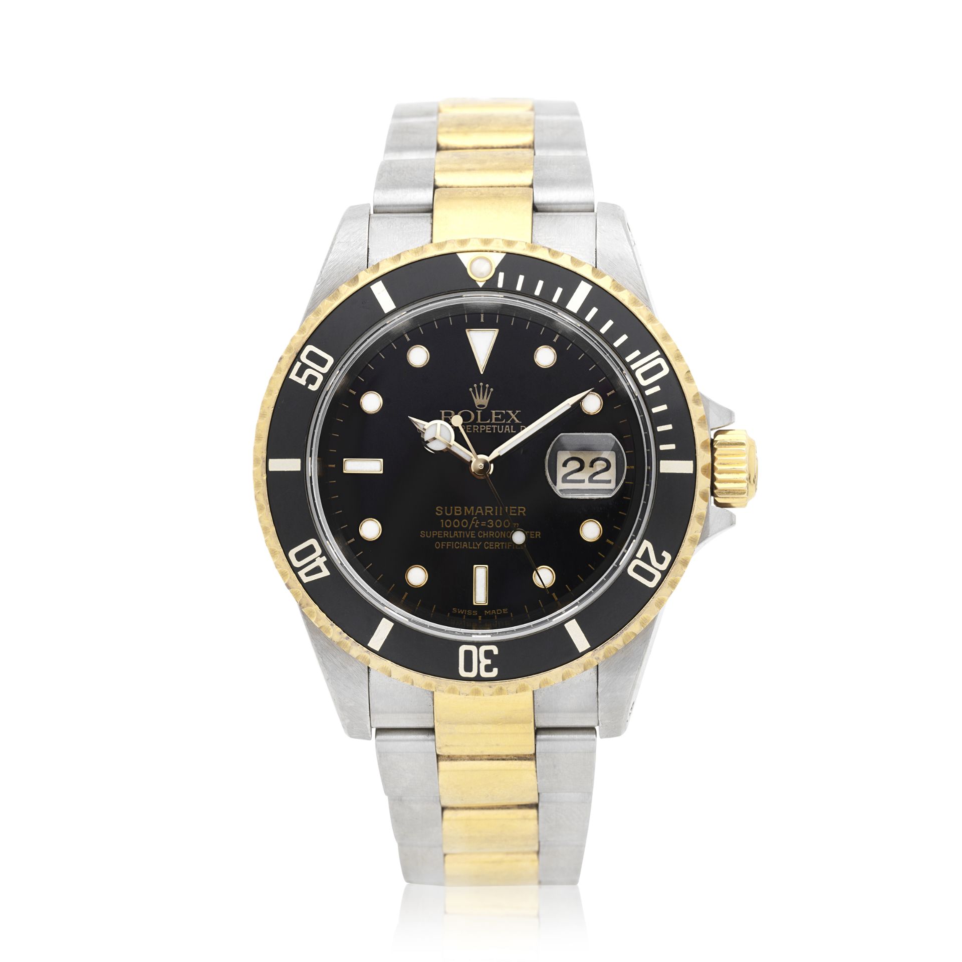 Rolex. A stainless steel and gold automatic calendar bracelet watch Submariner, Ref: 16613, Cir...