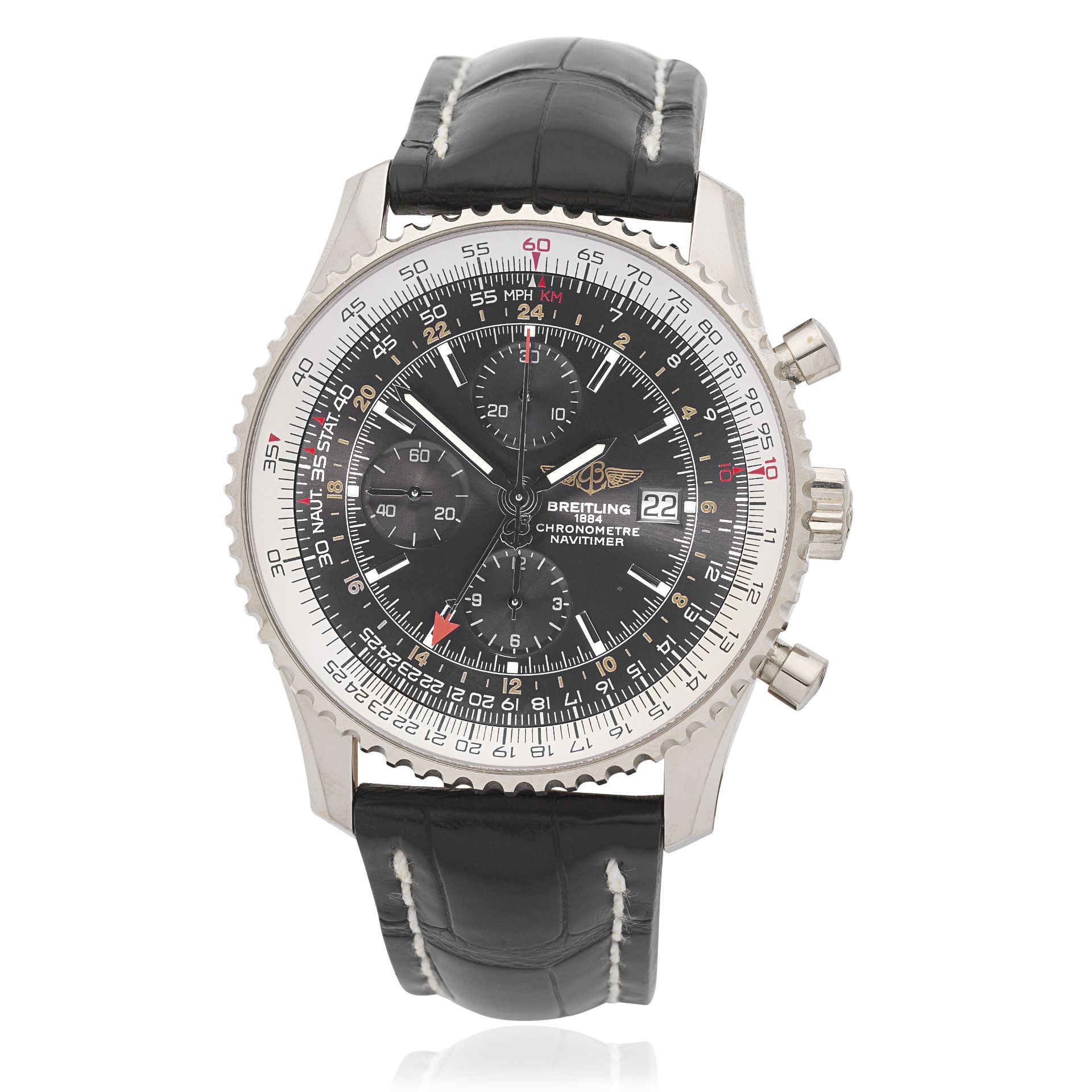 Breitling. A Limited Edition 18K white gold calendar chronograph wristwatch with dual time zone ...
