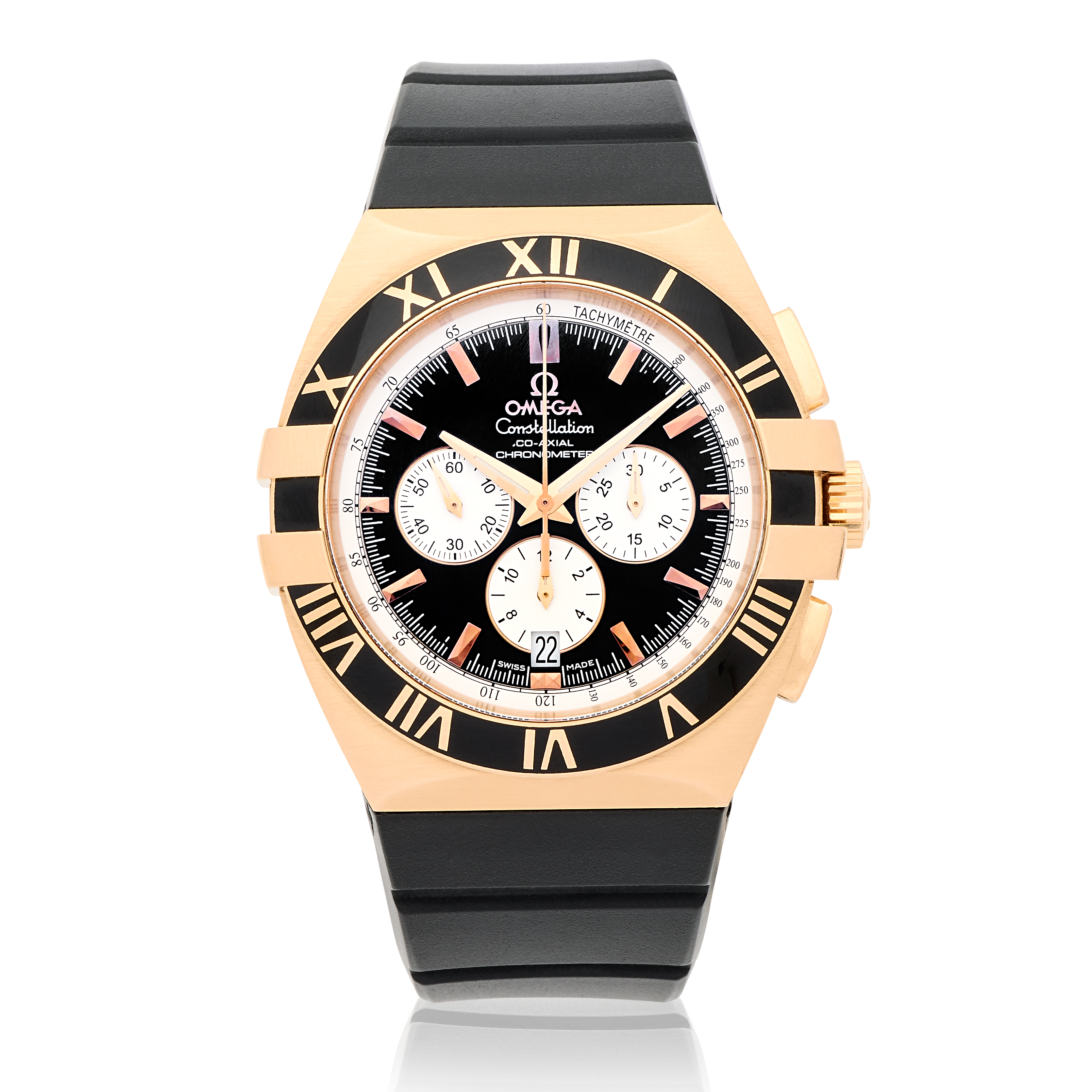Omega. An 18K rose gold automatic calendar chronograph wristwatch with Co-Axial escapement Cons...