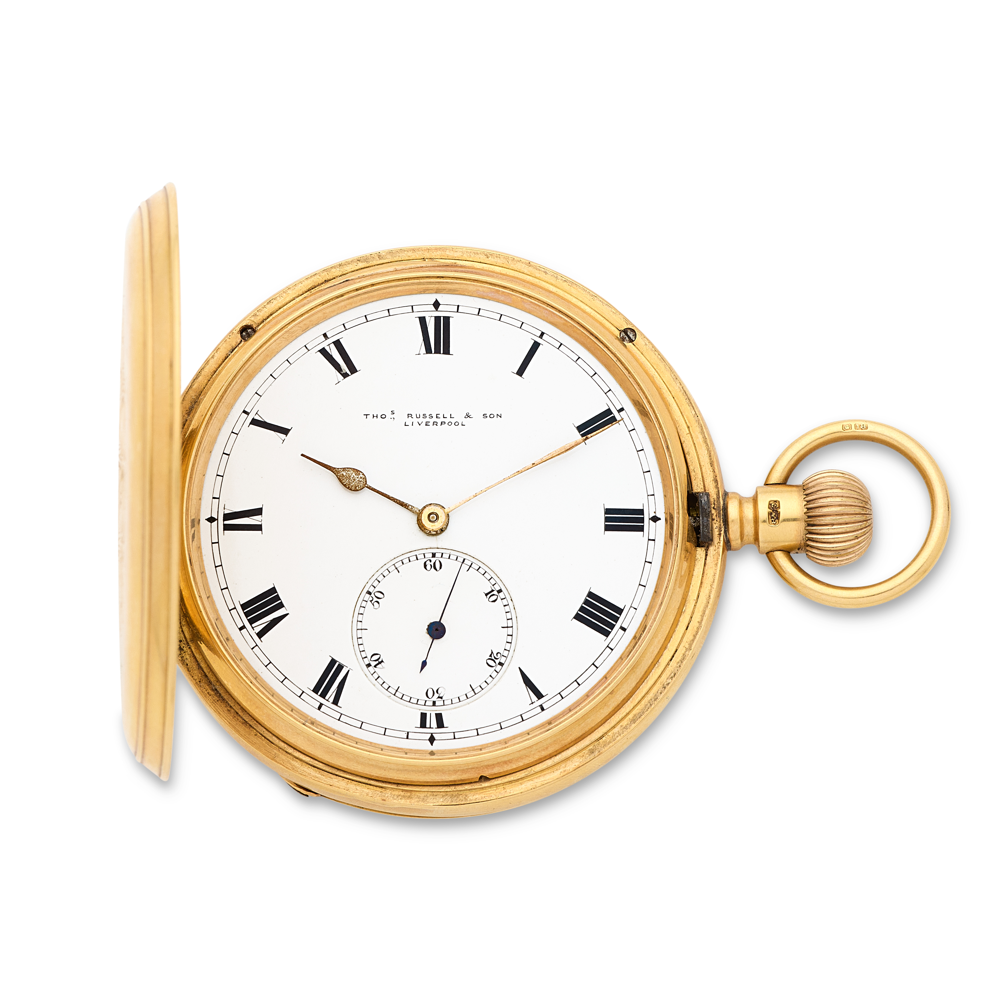 Thomas Russell & Son, Liverpool. An 18K gold keyless wind full hunter pocket watch with presenta...