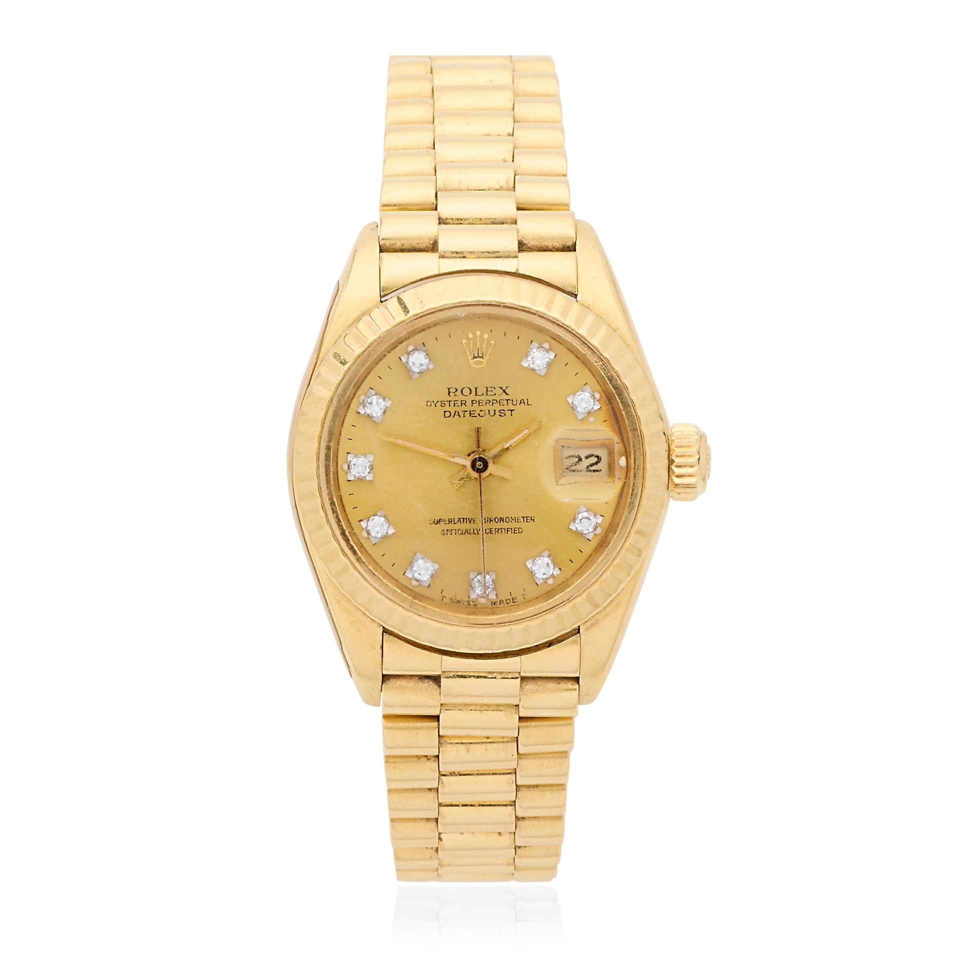 Rolex. A lady's 18K gold diamond set automatic calendar bracelet watch Datejust, Ref: 6917, Cir...