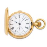 An 18K gold keyless wind quarter repeating full hunter chronograph pocket watch Circa 1910