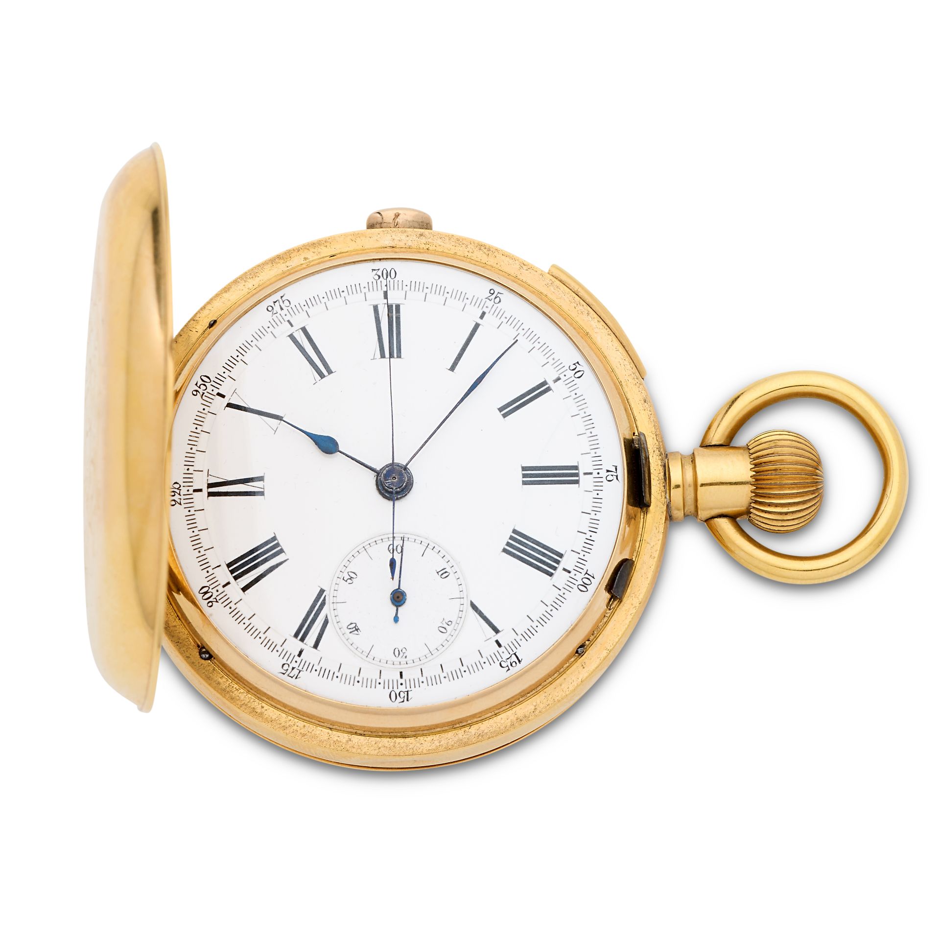 An 18K gold keyless wind quarter repeating full hunter chronograph pocket watch Circa 1910