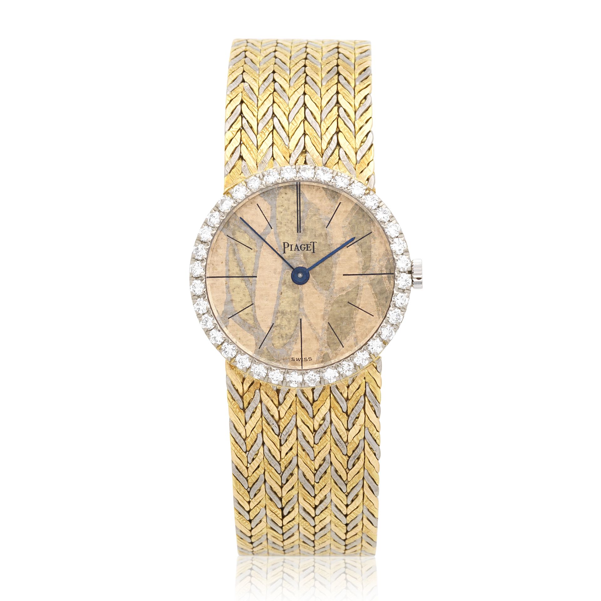 Piaget. A lady's three colour 18K gold diamond set manual wind bracelet watch Ref: 926 E3, Circa...
