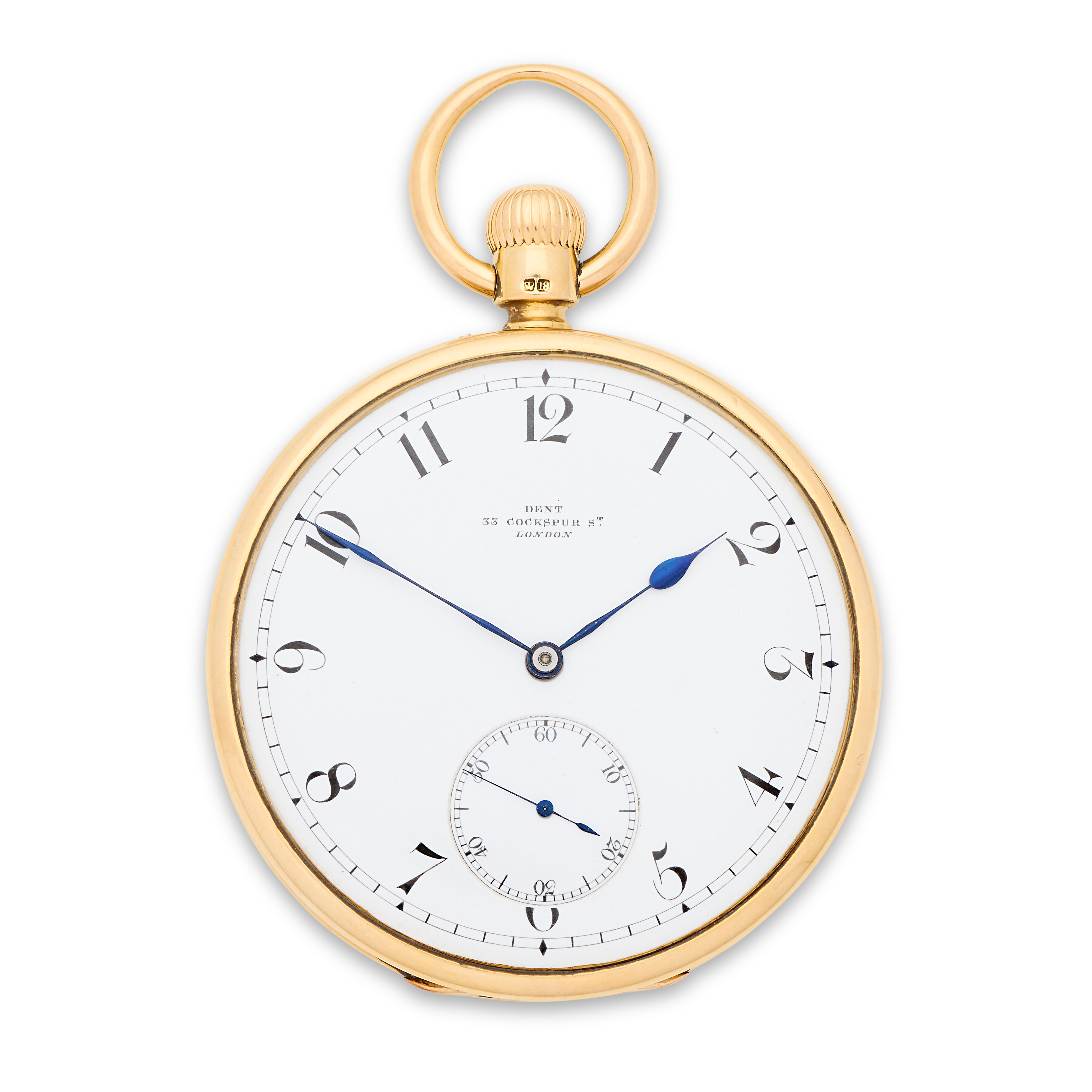 Dent, 33 Cockspur Street, London. A fine 18K gold keyless wind open face pocket watch London Hal...