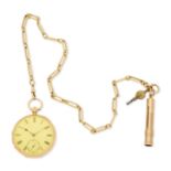 W. Barnsdale, London. An 18K gold key wind open face pocket watch with 18K gold chain London Hal...