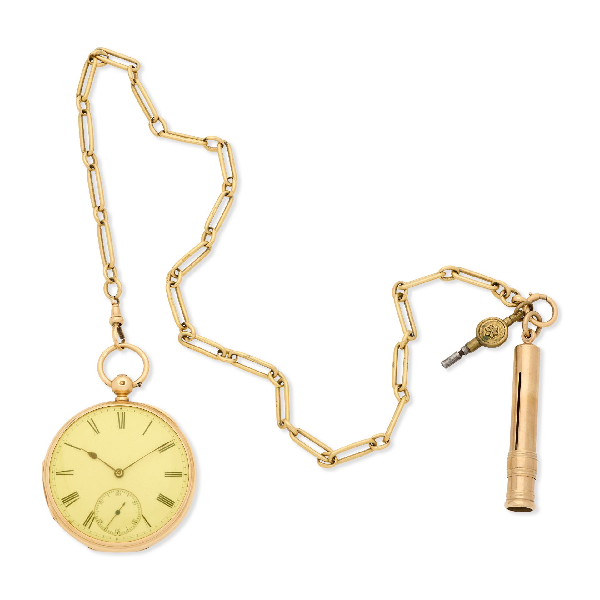 W. Barnsdale, London. An 18K gold key wind open face pocket watch with 18K gold chain London Hal...