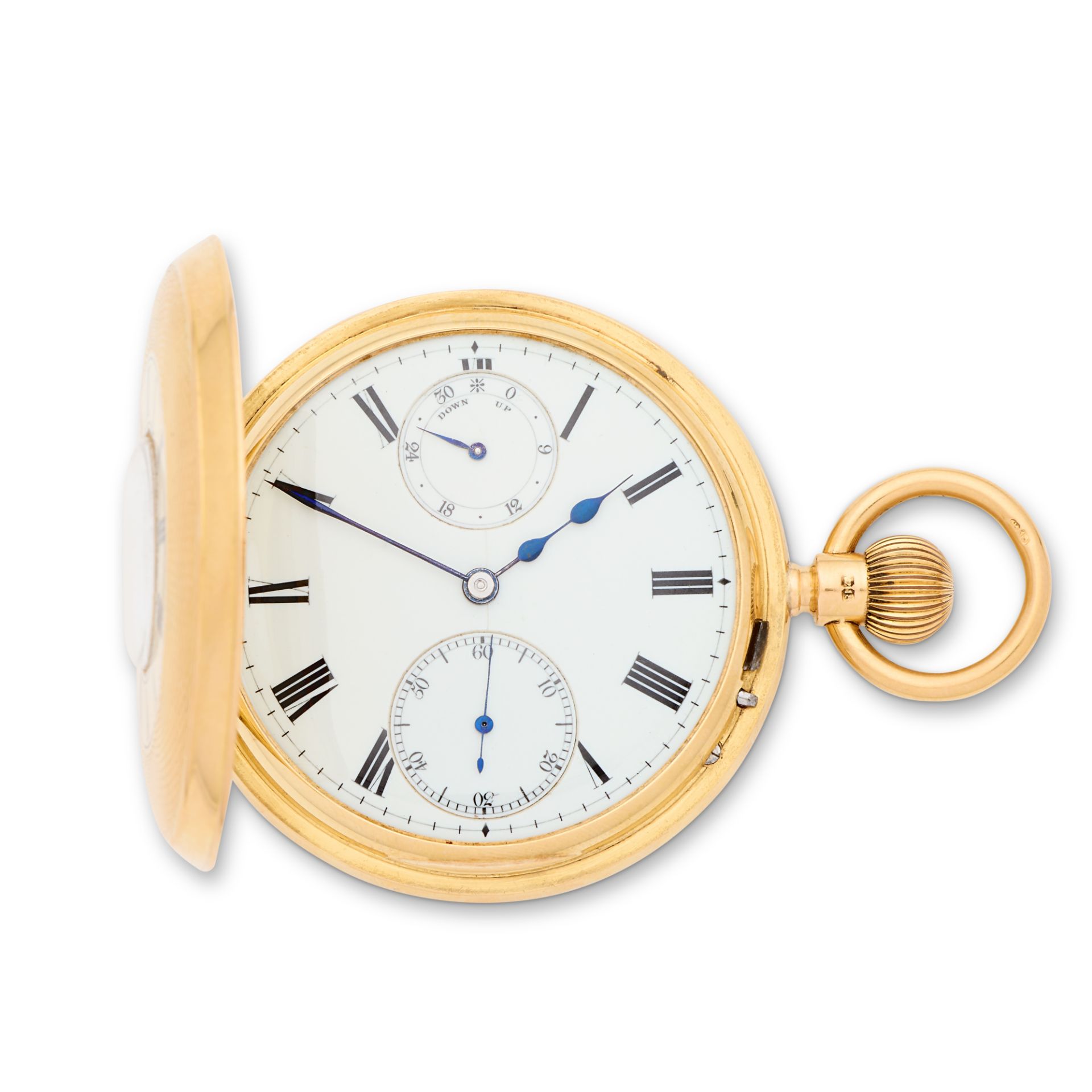 An 18K gold keyless wind half hunter pocket watch with up/down indication Chester Hallmark for 1931