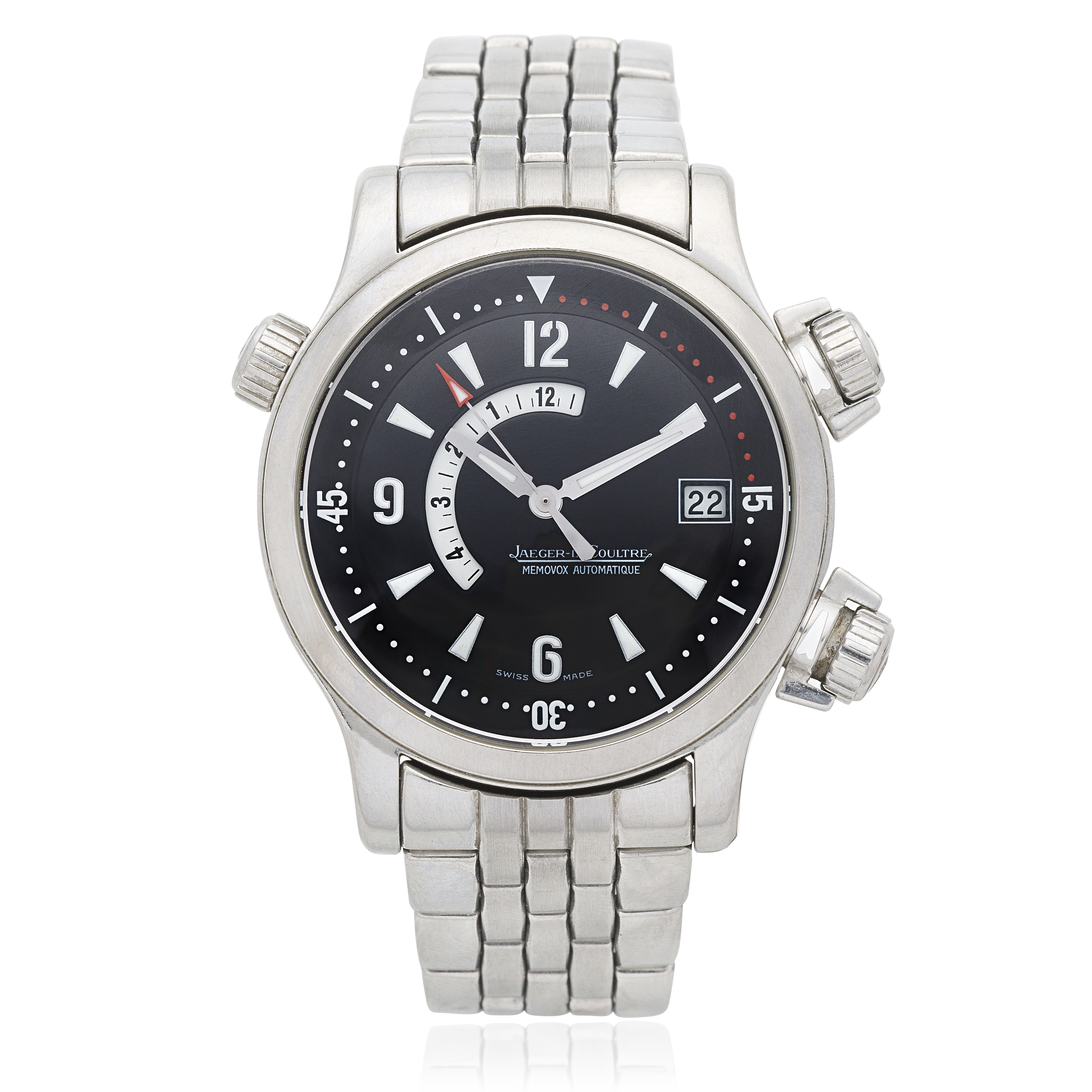 Jaeger-LeCoultre. A stainless steel automatic calendar bracelet watch with alarm Master Compres...