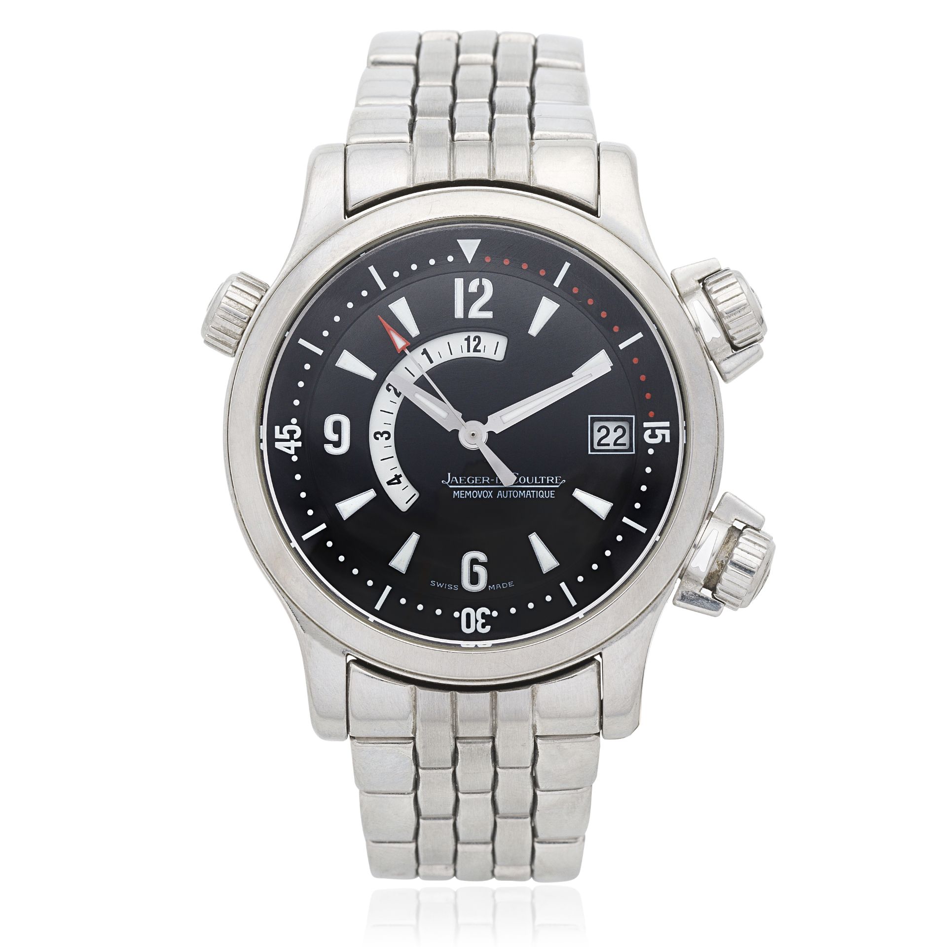 Jaeger-LeCoultre. A stainless steel automatic calendar bracelet watch with alarm Master Compres...