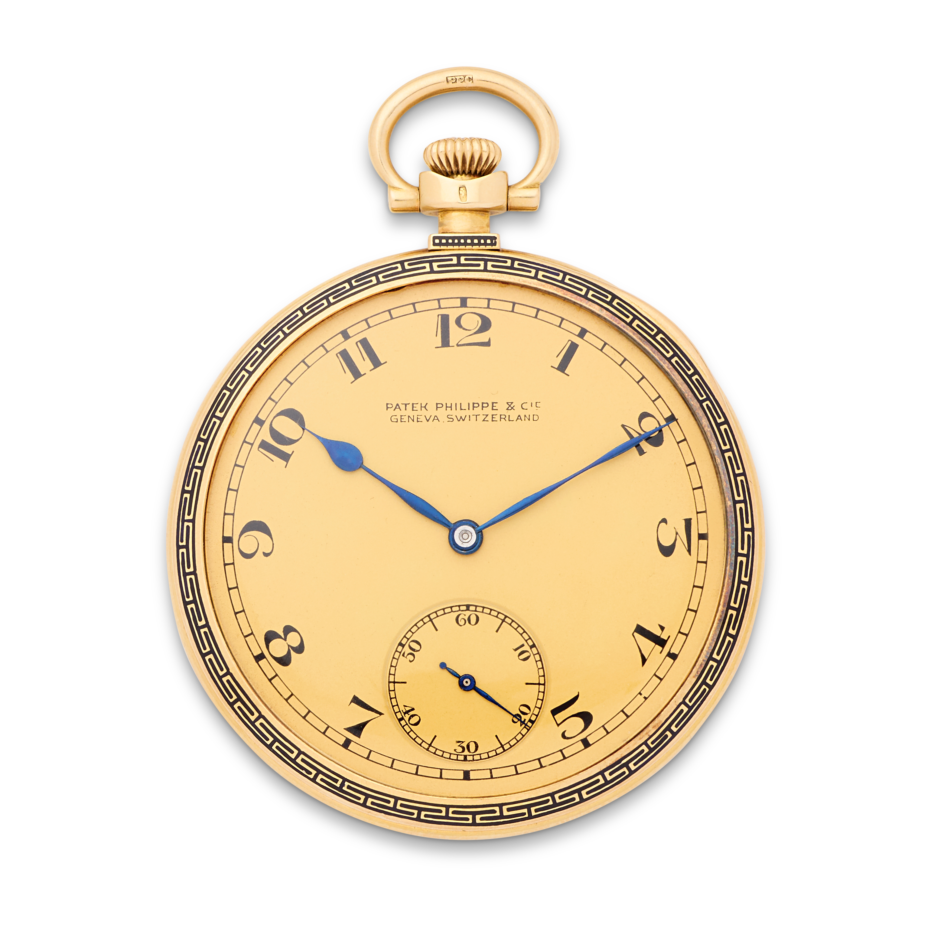 Patek, Philippe & Cie. An 18K gold and enamel keyless wind open face pocket watch retailed by Gr...