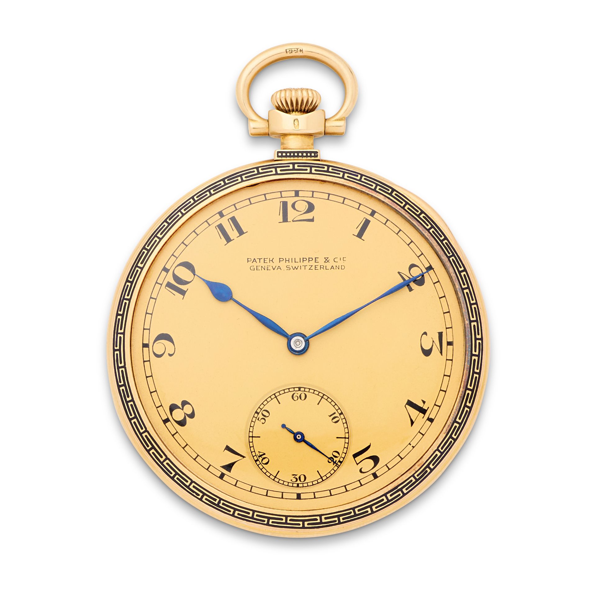 Patek, Philippe & Cie. An 18K gold and enamel keyless wind open face pocket watch retailed by Gr...