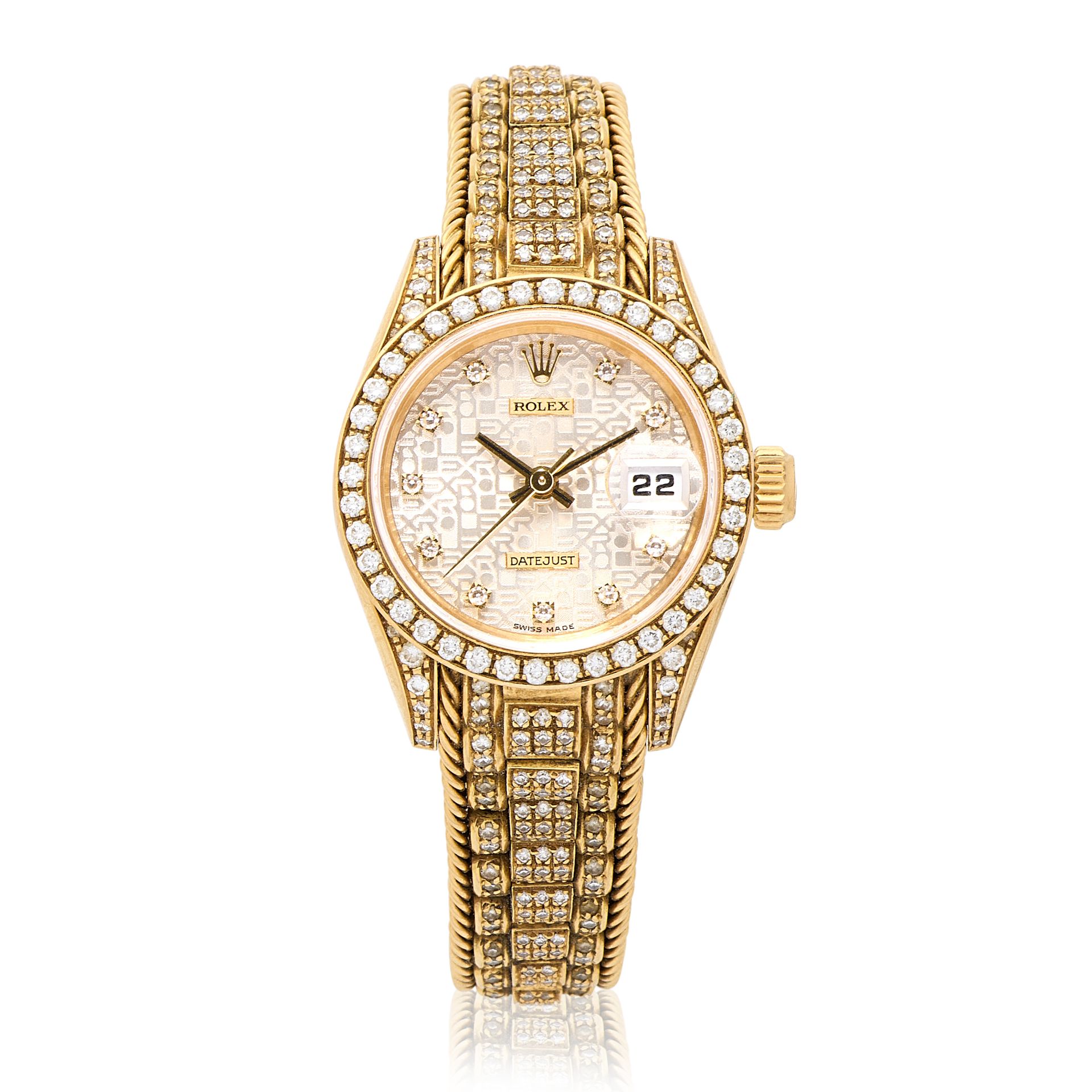 Rolex. A lady's 18K gold diamond set automatic calendar bracelet watch Datejust, Ref: 69158, Ci...