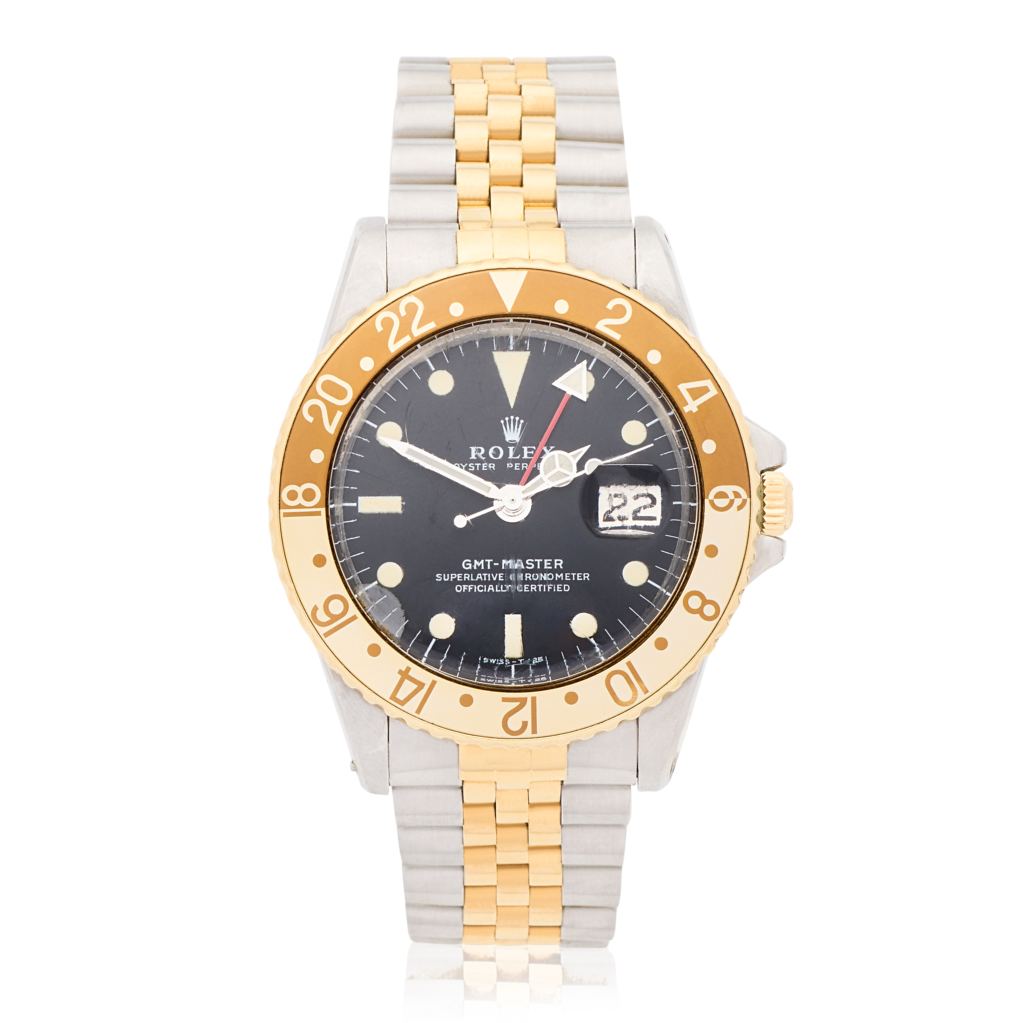 Rolex. A stainless steel and gold automatic calendar bracelet watch with dual time zone GMT-Ma...