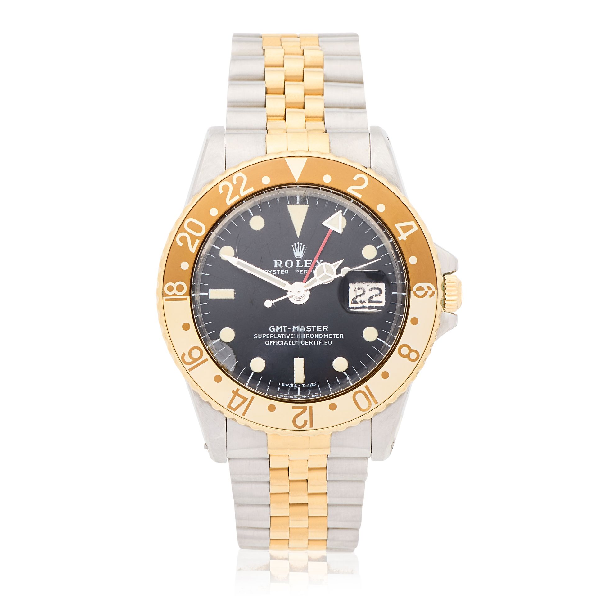 Rolex. A stainless steel and gold automatic calendar bracelet watch with dual time zone GMT-Ma...
