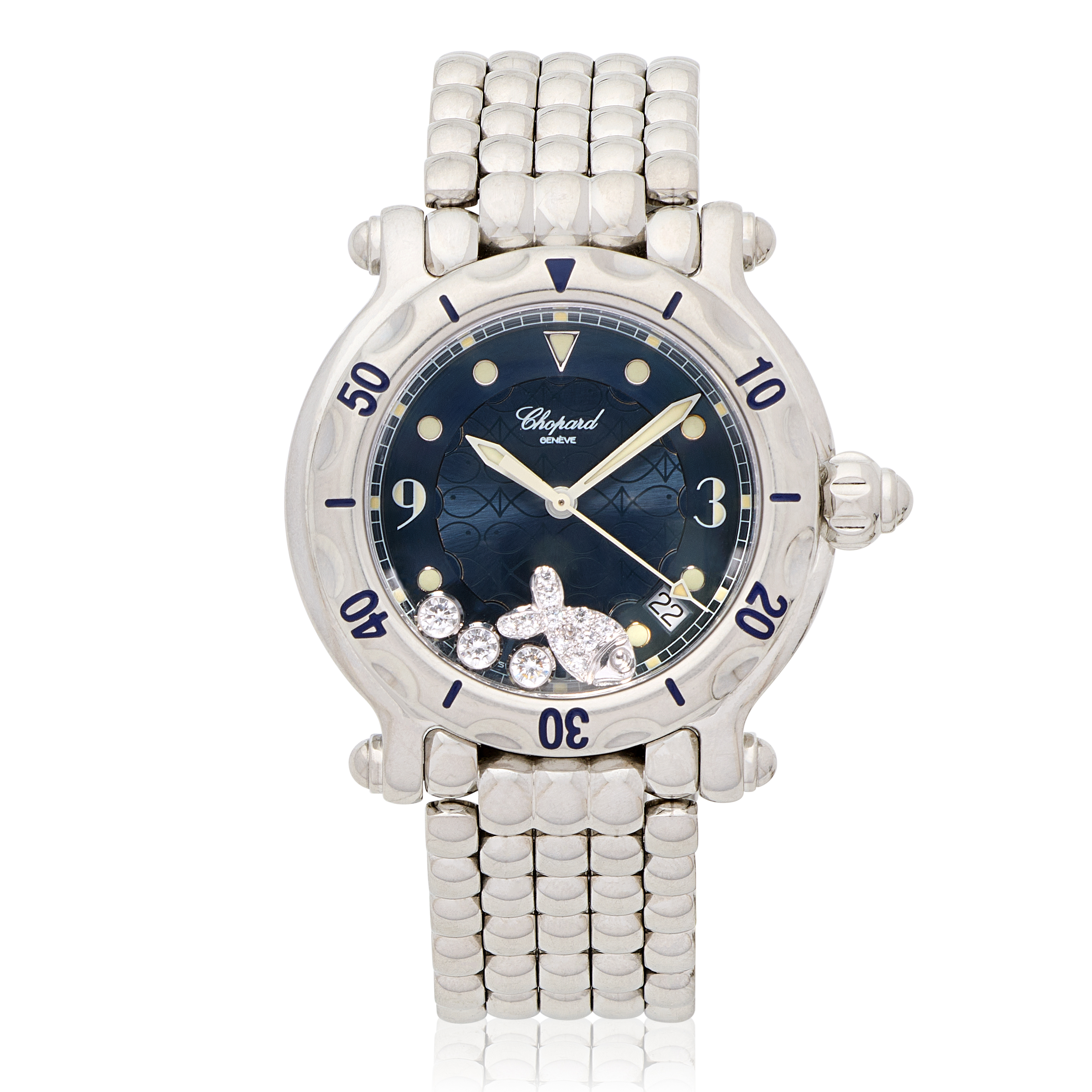 Chopard. A stainless steel diamond set quartz calendar bracelet watch Happy Sport Fish, Ref: 28...