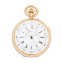 An 18K gold keyless wind open face pocket watch with stop/start seconds Chester Hallmark for 1889