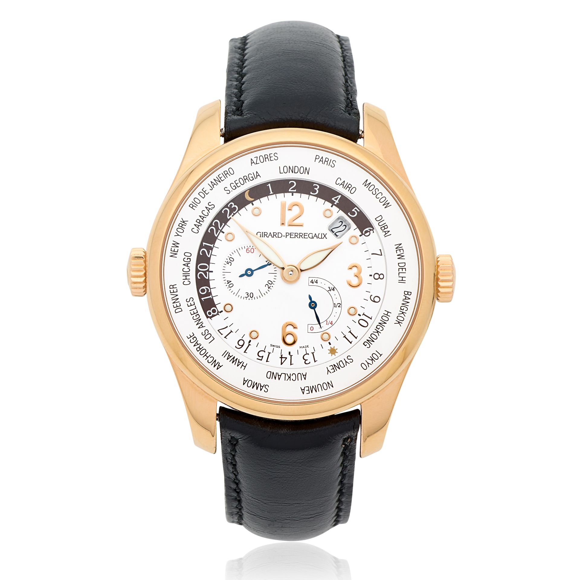 Girard-Perregaux. An 18K rose gold automatic calendar wristwatch with world time indication Ref:...