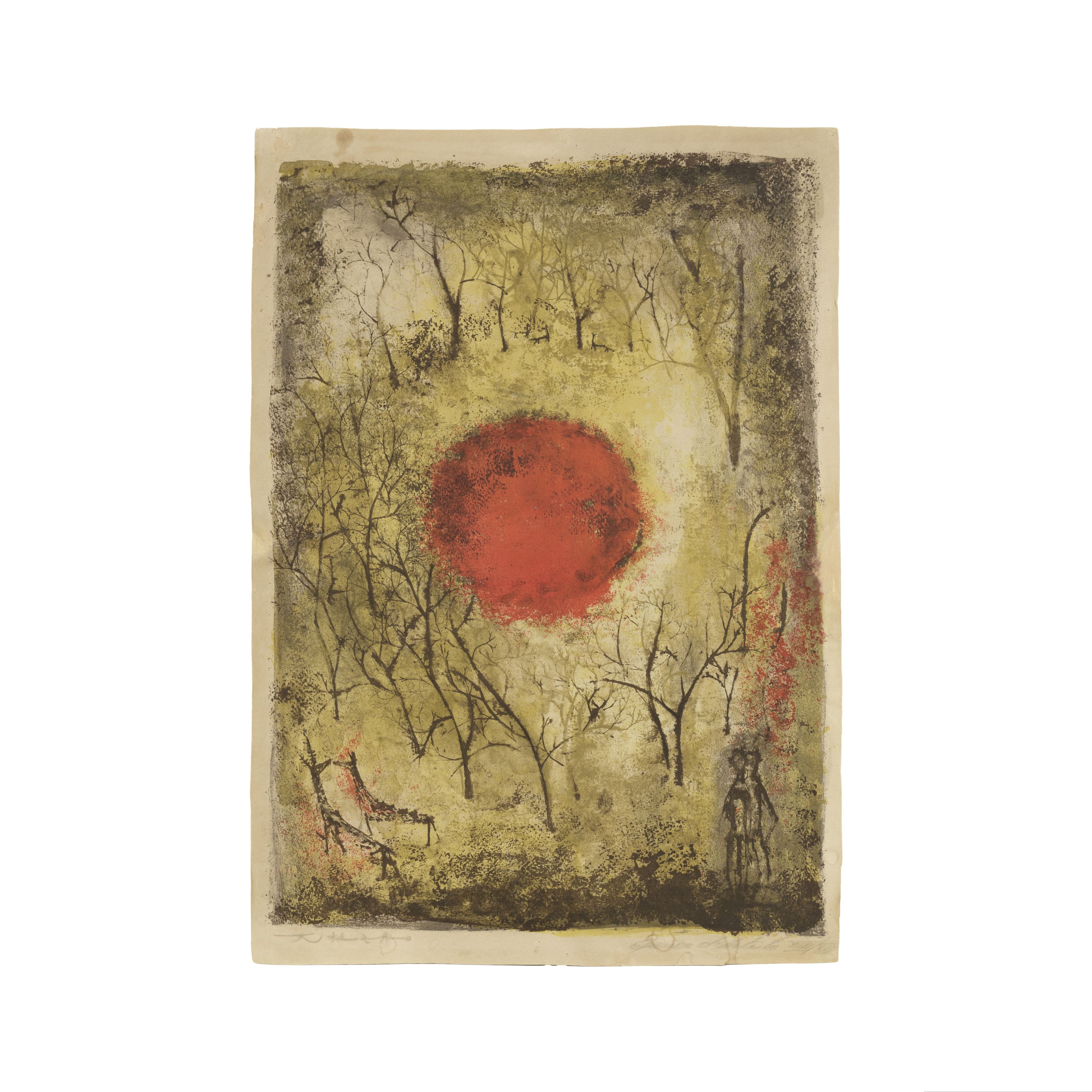 ZAO WOU KI (1920-2013) Soleil Rouge, 1950 (Agerup, 41)Lithographie en couleurs sur v&#233;linSig...