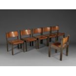 TRAVAIL BELGE Suite de six chaisesCirca 1975Bois et cuirChacune: H:78cm. (30.3/4in.); L: 48,5cm....