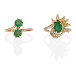 TWO 14K GOLD, EMERALD AND DIAMOND RINGS