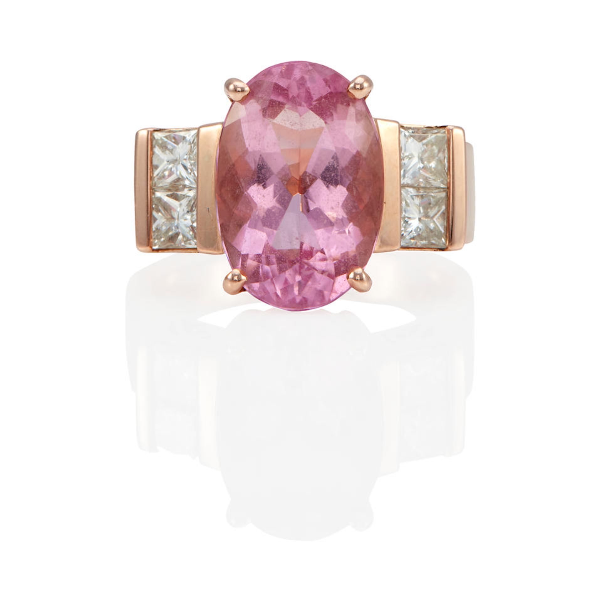 A 14K ROSE GOLD, MORGANITE, AND DIAMOND RING