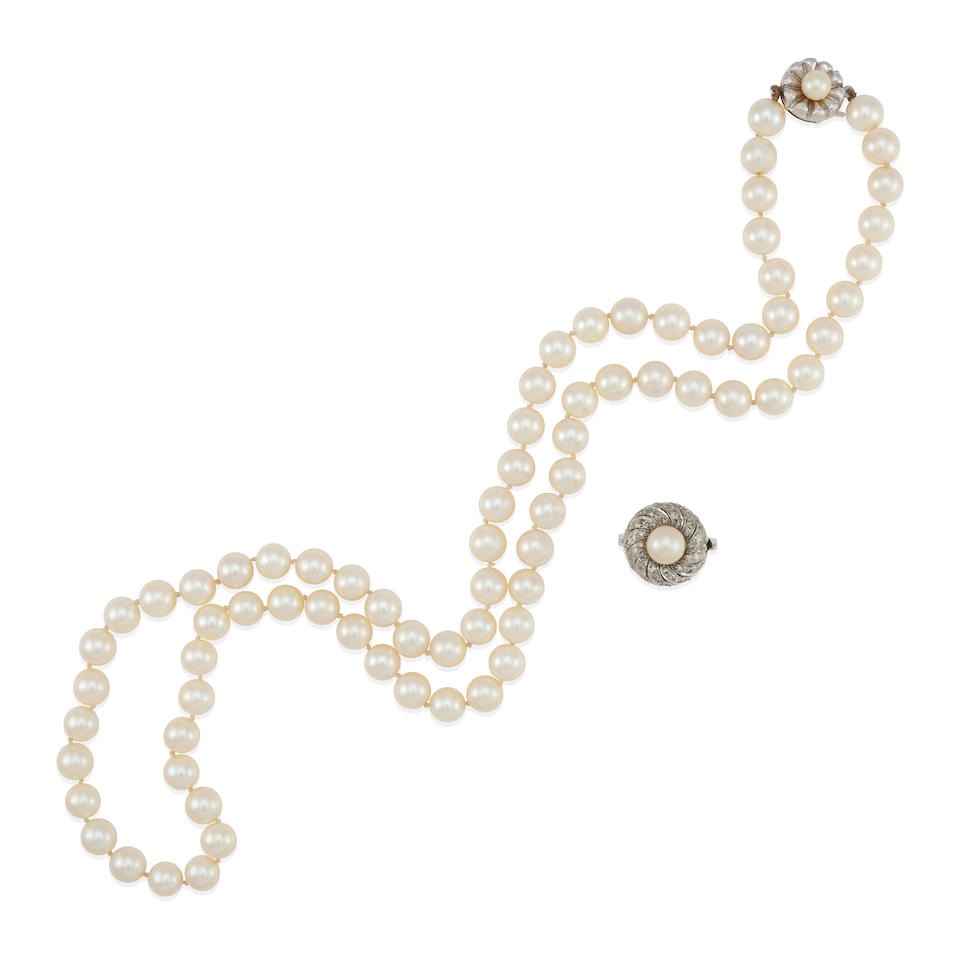AN 18K WHITE GOLD, PALLADIUM, CULTURED PEARL AND DIAMOND NECKLACE AND A RING