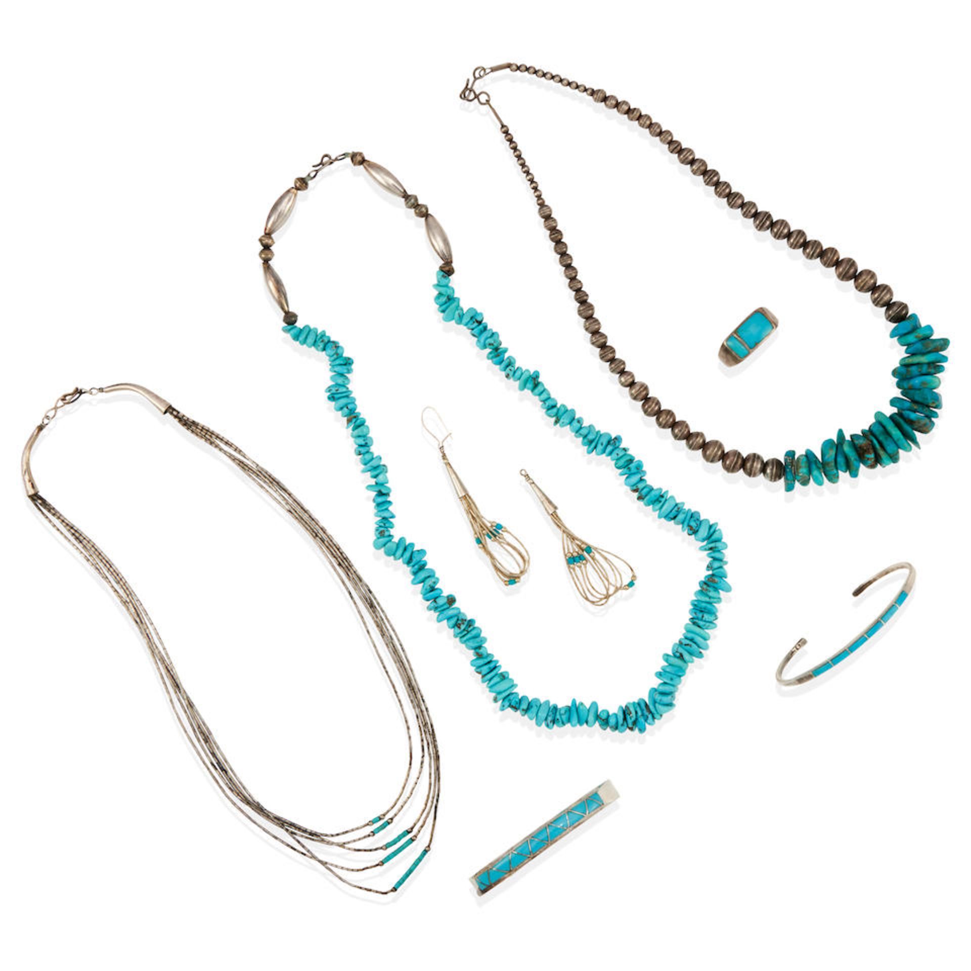 GROUP OF STERLING SILVER, COIN SILVER AND TURQUOISE JEWELRY