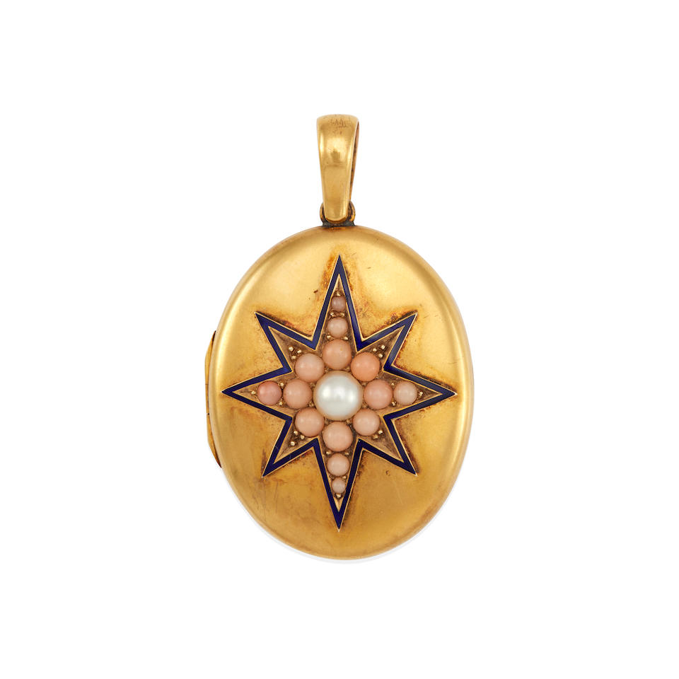 A 14K BLOOMED GOLD, ENAMEL, CORAL, AND CULTURED PEARL LOCKET PENDANT