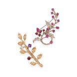 TWO 14K GOLD, SILVER, GEM-SET AND DIAMOND BROOCHES