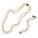 A 14K GOLD, CULTURED PEARL AND JADE MULTI-STRAND NECKLACE AND BRACELET