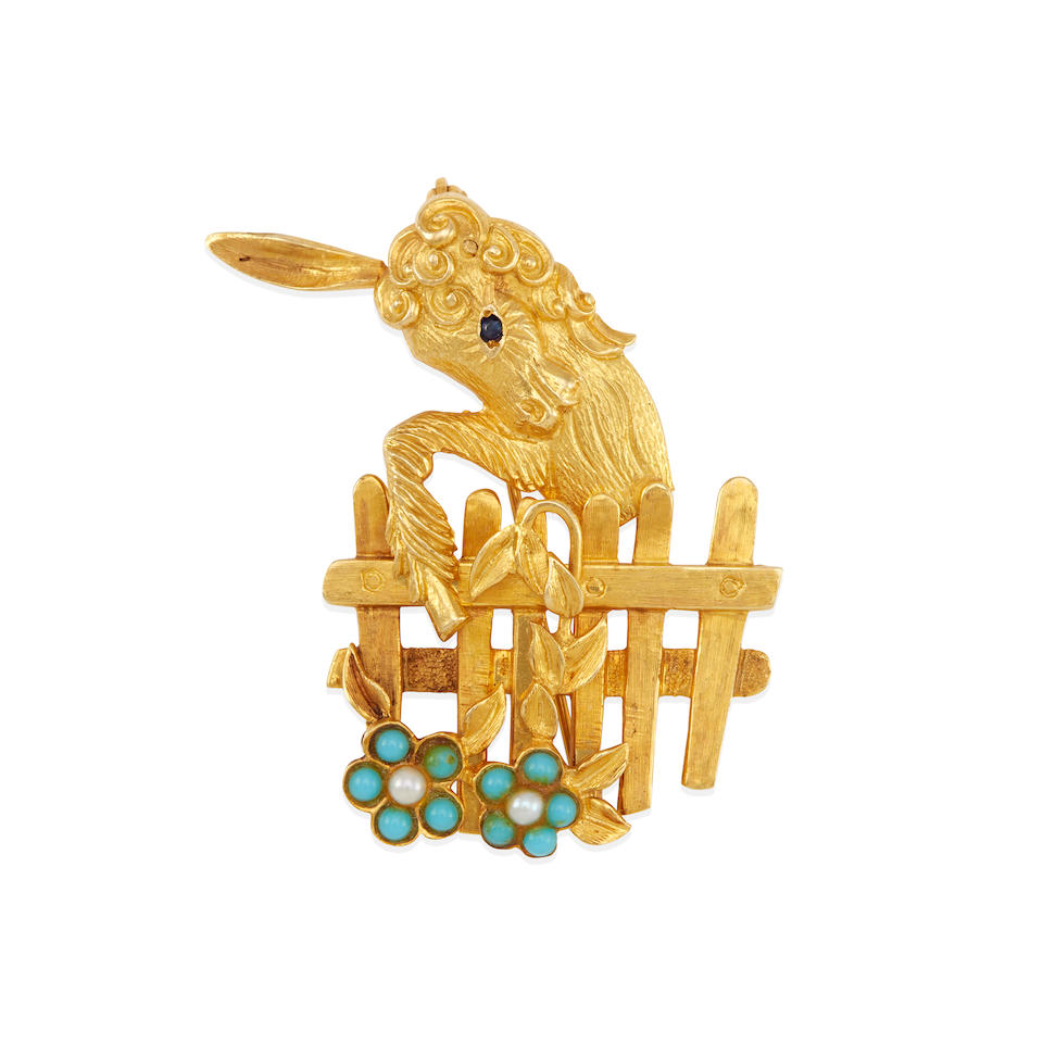 A 16K GOLD, SAPPHIRE, TURQUOISE, AND CULTURED PEARL EQUINE AND FLOWER BROOCH