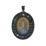 AN ANTIQUE SILVER, 10K GOLD, SAPPHIRE AND ENAMEL PENDANT