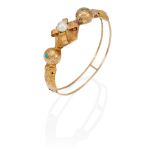 A GOLD, CULTURED PEARL AND TURQUOISE BANGLE BRACELET