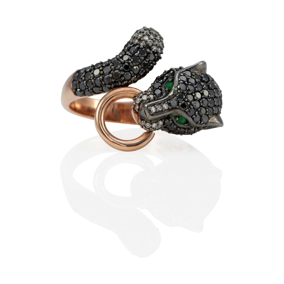 EFFY: A 14K ROSE GOLD, BLACK DIAMOND, DIAMOND AND EMERALD PANTHER RING