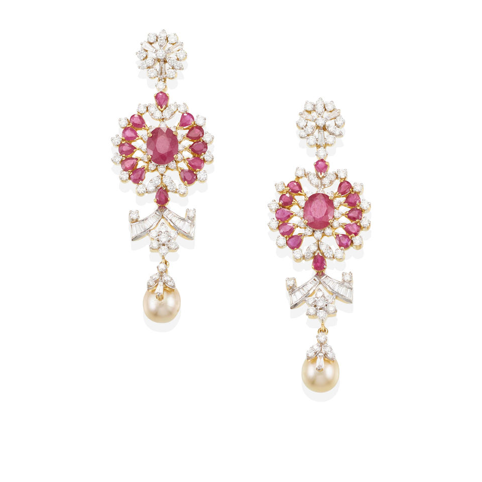 A PAIR OF 18K GOLD, CULTURED PEARL, RUBY AND DIAMOND EARRINGS