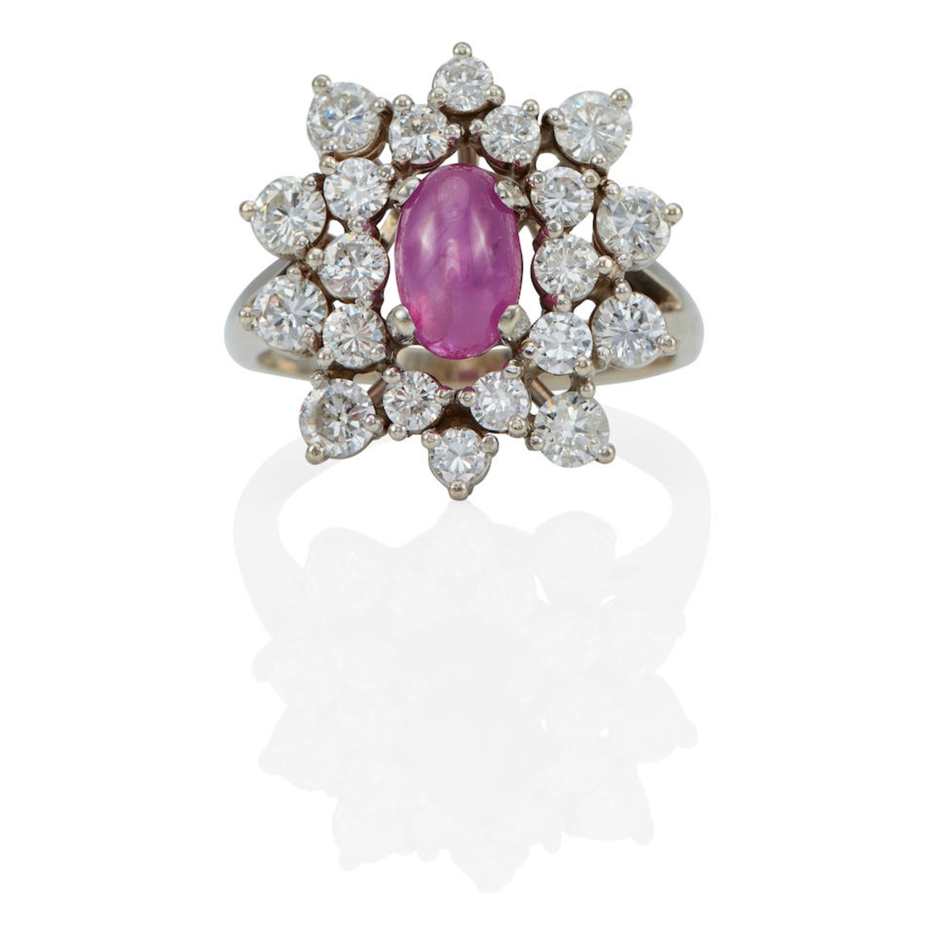 A 14K WHITE GOLD, STAR RUBY, AND DIAMOND RING