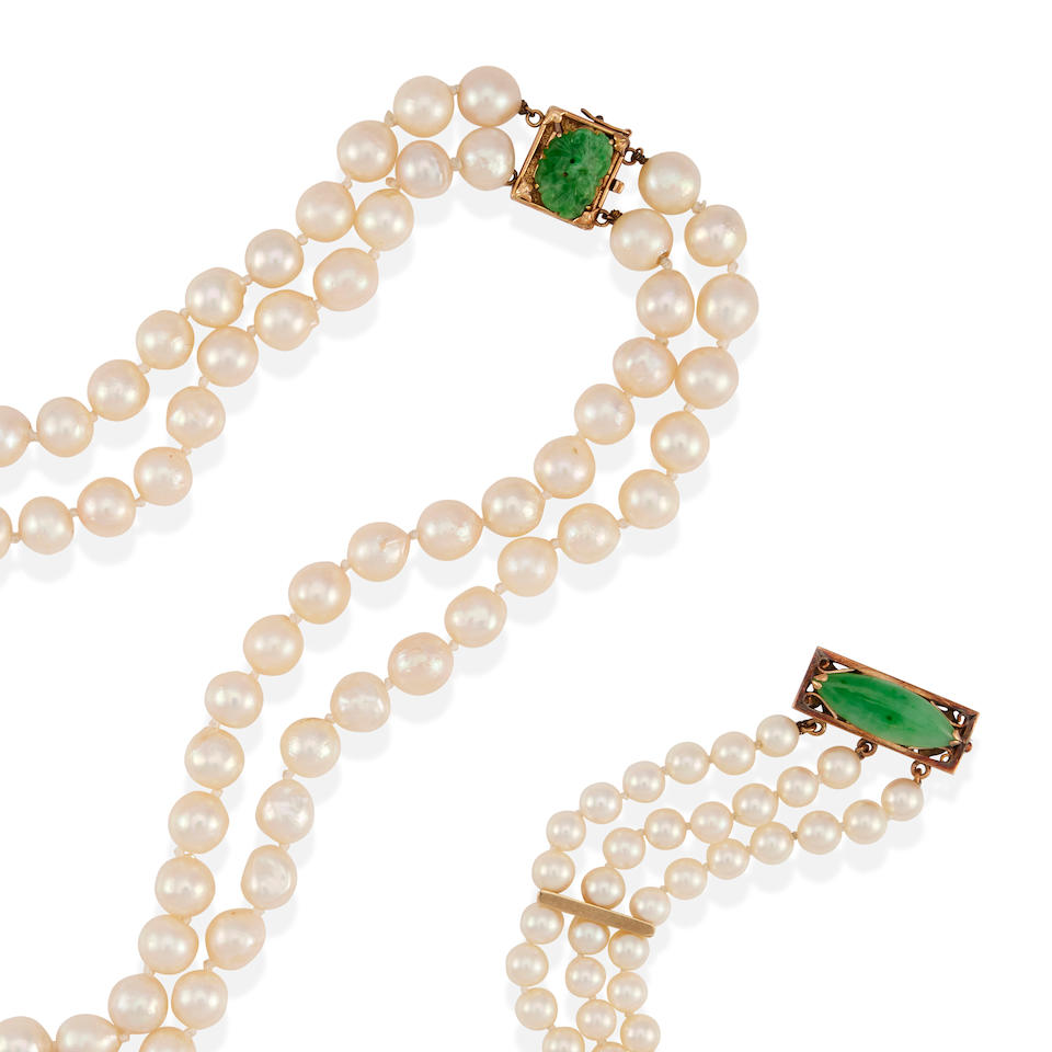 A 14K GOLD, CULTURED PEARL AND JADE MULTI-STRAND NECKLACE AND BRACELET - Image 2 of 2
