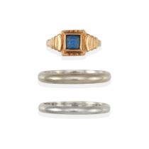 THREE 10K GOLD, 14K WHITE GOLD, AND SYNTHETIC SPINEL RINGS