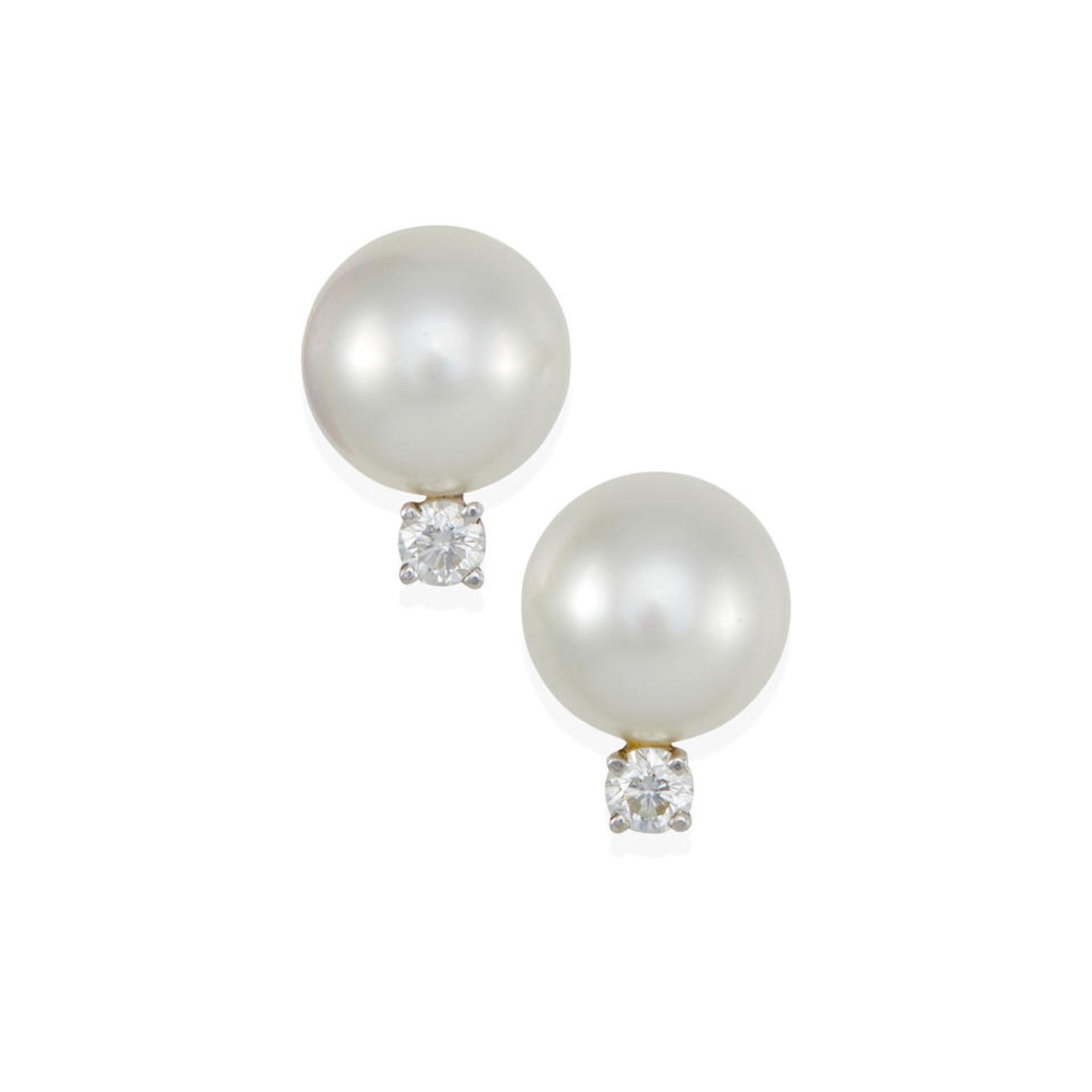 A PAIR OF 14K WHITE GOLD, SOUTH SEA CULTURED PEARL, AND DIAMOND STUD EARRINGS