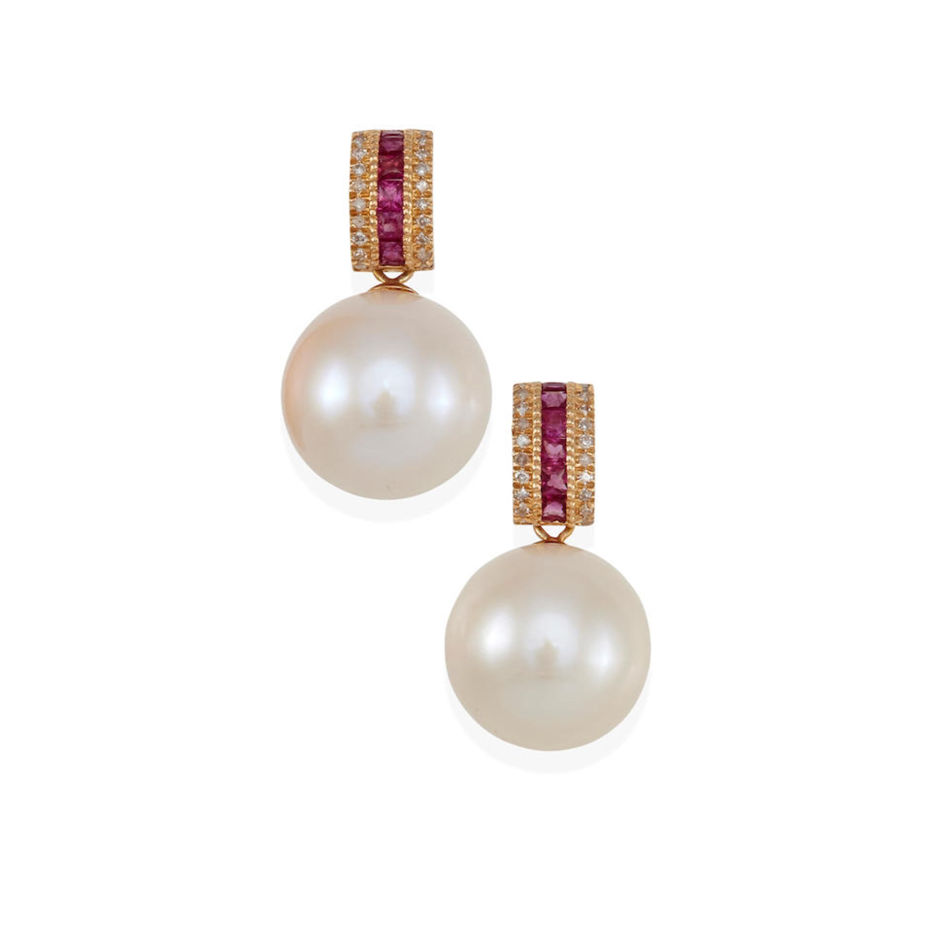 A PAIR OF 18K GOLD, CULTURED PEARL, RUBY AND DIAMOND EARRINGS