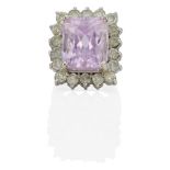 A 14K WHITE GOLD, KUNZITE AND DIAMOND RING