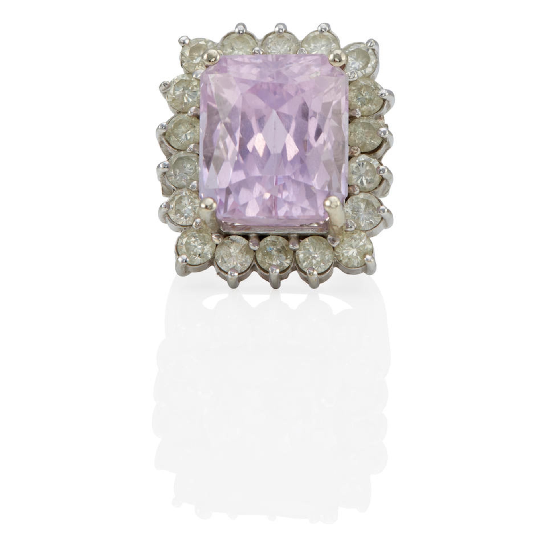 A 14K WHITE GOLD, KUNZITE AND DIAMOND RING