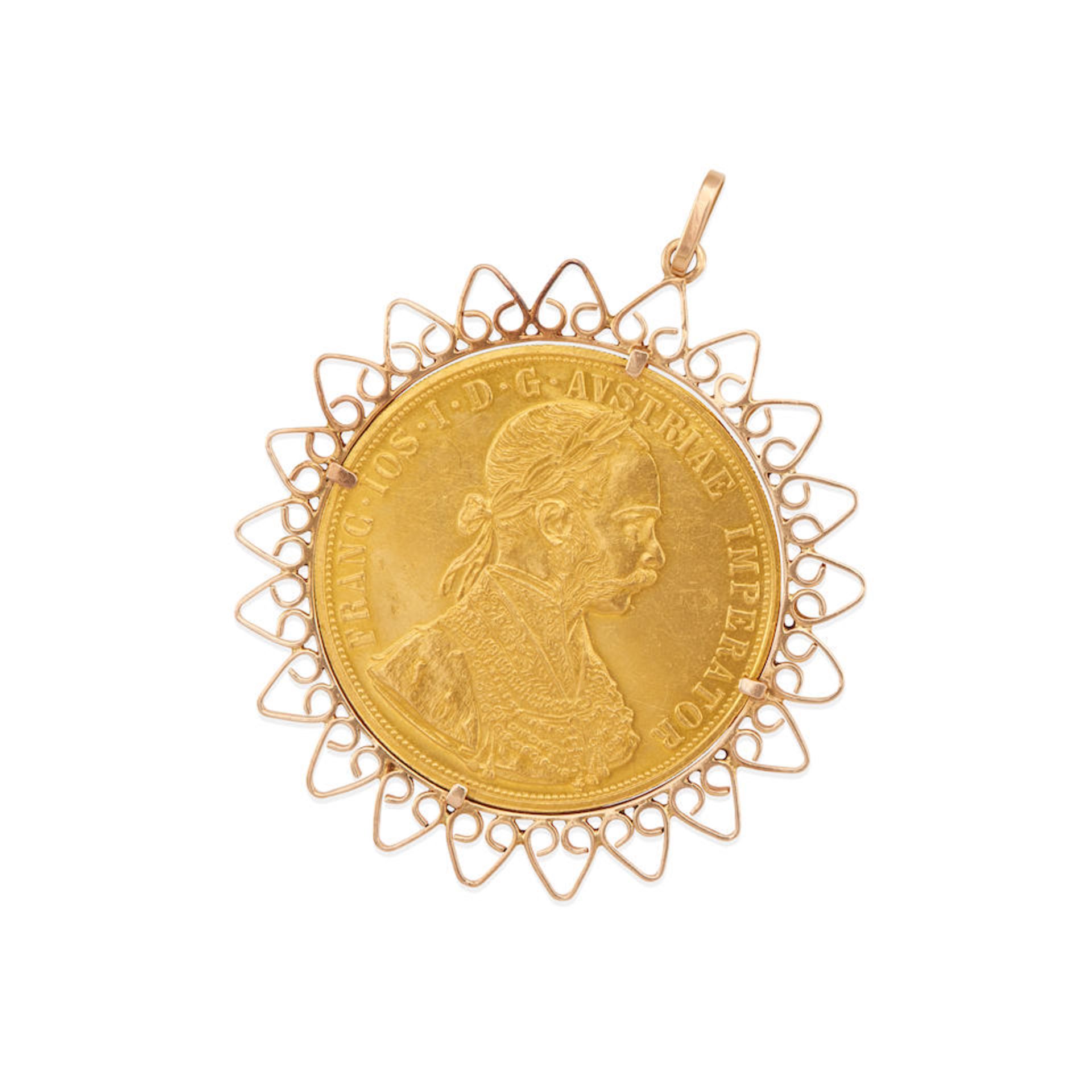 A 14K ROSE GOLD COIN FRAME PENDANT WITH AUSTRIAN COIN