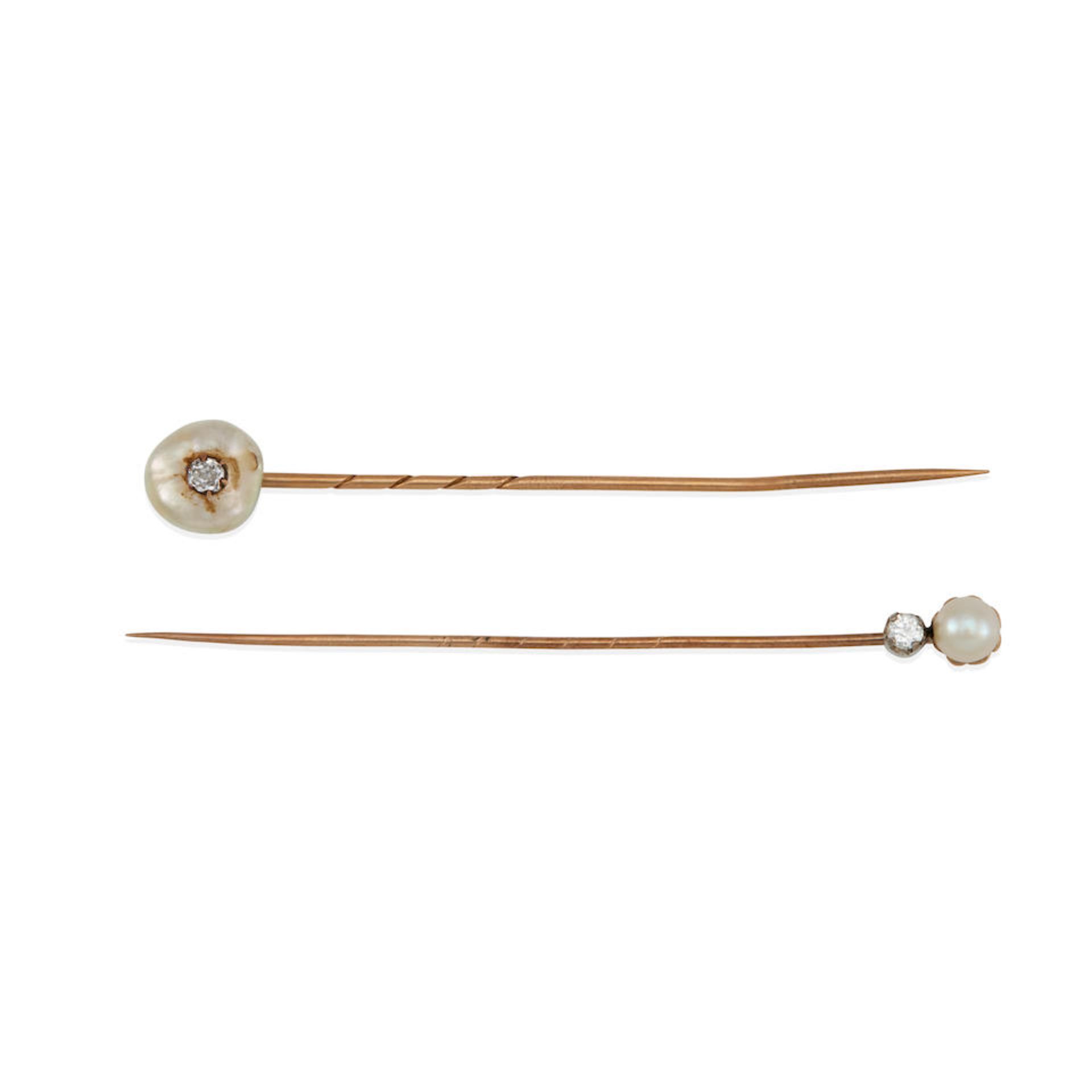 TWO GOLD, CULTURED PEARL AND DIAMOND STICK PINS