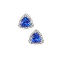 A PAIR OF 14K WHITE GOLD, TANZANITE, AND DIAMOND STUD EARRINGS