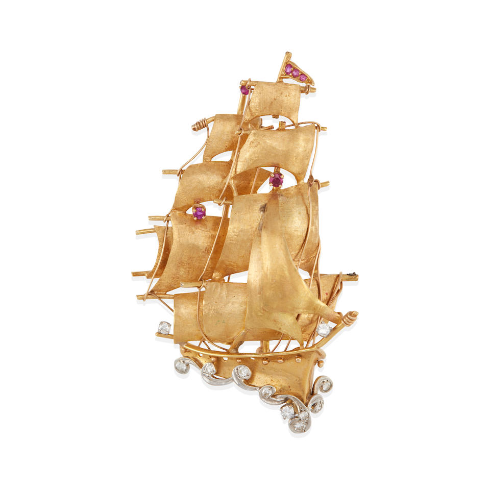 A 14K BI-COLOR GOLD AND GEM-SET SHIP BROOCH