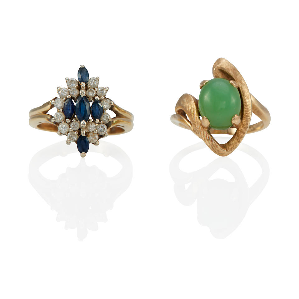 TWO 14K GOLD, GEM-SET AND DIAMOND RINGS