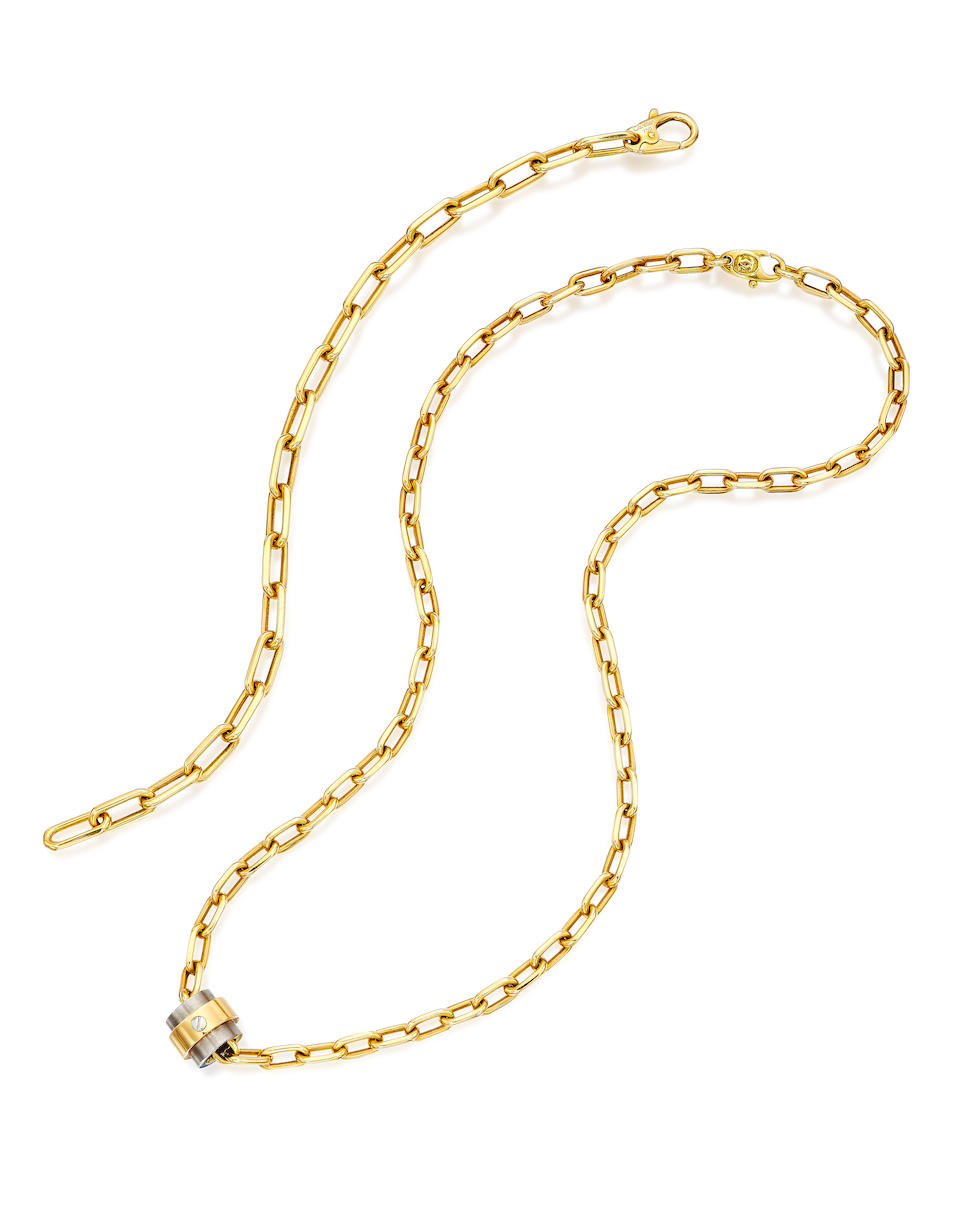 CARTIER: GOLD NECKLACE AND BRACELET, AND GOLD AND STAINLESS STEEL 'SANTOS 100' PENDANT (2)